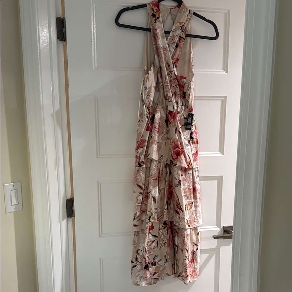 Express White and Red Ruched Tie Front Maxi Dress